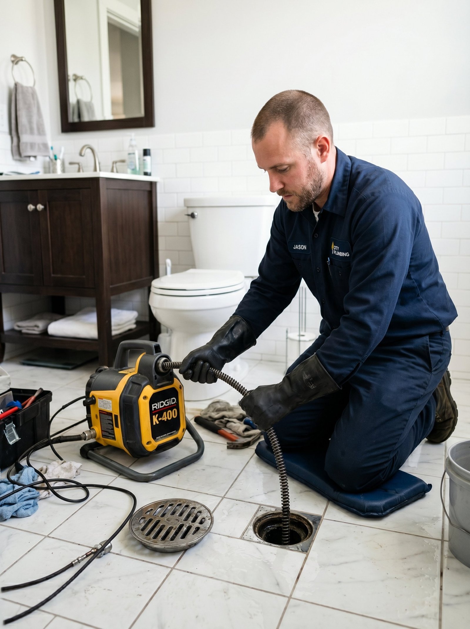 DrainPro Plano technician using professional motorized cable machine for drain snaking service on a Plano TX residential bathroom drain